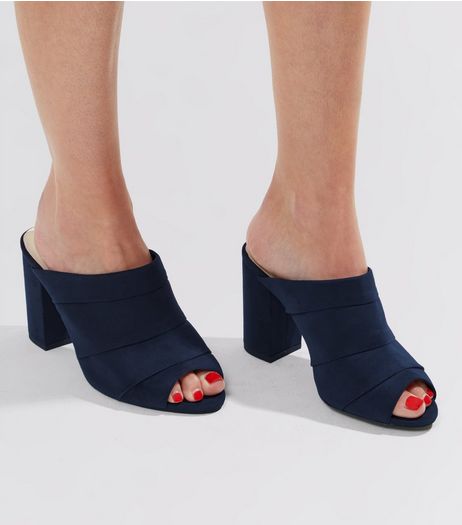 Wide Fit Navy Comfort Suedette Ruched Heeled Mules | New Look