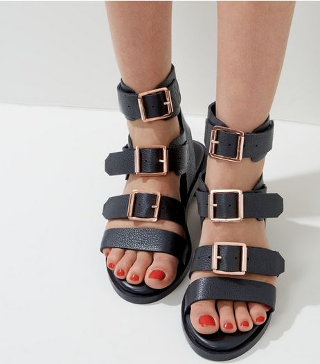 Black Leather Triple Buckle Strap Sandals | New Look