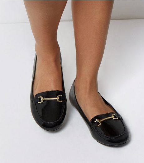Extra Wide Fit Black Patent Metal Bar Loafers | New Look