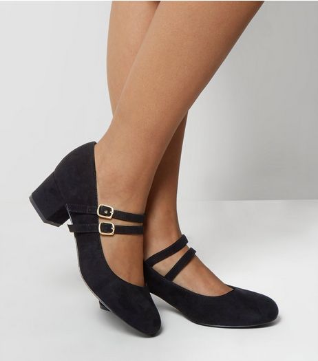 Extra Wide Fit Black Suedette Double Strap Block Heels | New Look