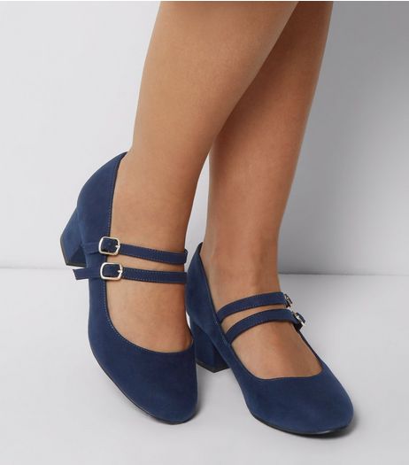 Extra Wide Fit Navy Suedette Double Cross Strap Court Shoes | New Look