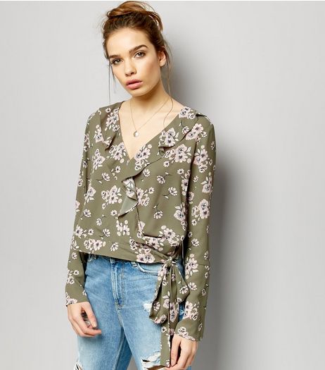 Green Floral Print V Neck Wrap Front Shirt | New Look