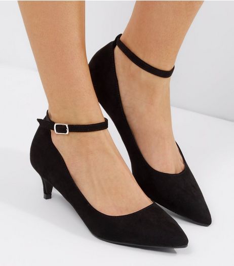 Black Suedette Mid Heel Ankle Strap Court Shoes | New Look