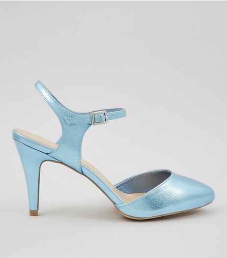 Wide Fit Blue Metallic Ankle Strap Heels | New Look