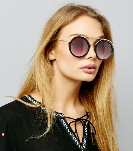 Black Round Double Bar Sunglasses | New Look