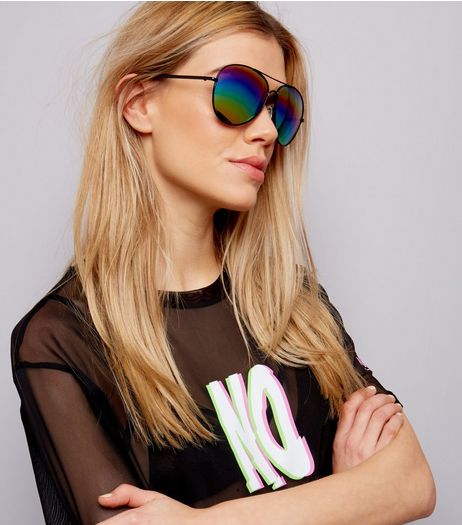 Black Holographic Rainbow Lens Pilot Sunglasses | New Look