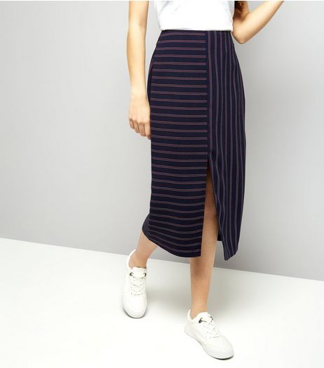 Blue Contrast Stripe Split Hem Midi Skirt | New Look
