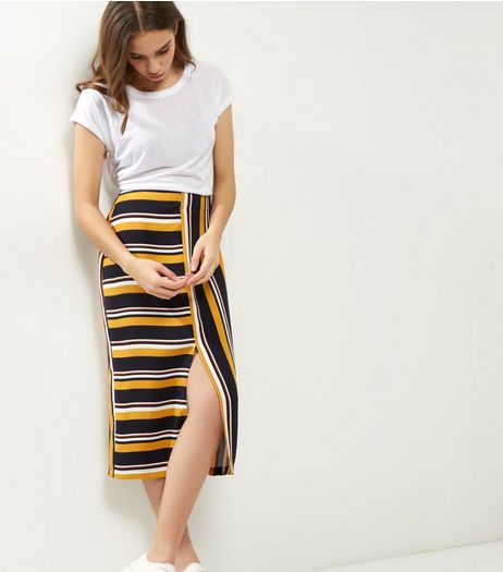 Yellow Contrast Stripe Slim Fit Midi Skirt | New Look