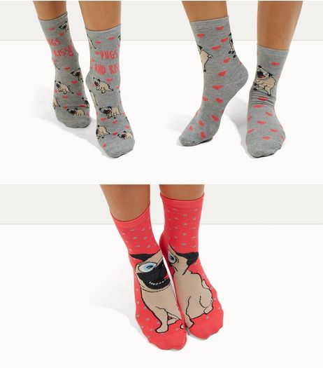 3 Pack Coral Pug Print Socks | New Look