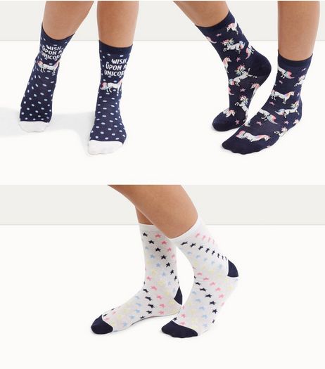3 Pack Navy Unicorn Print Socks | New Look