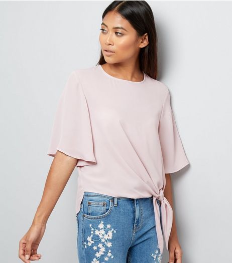Petite Lilac Tie Front Flutter Sleeve Top | New Look