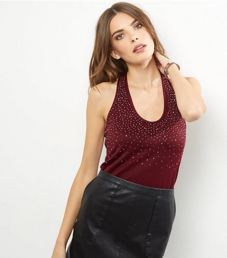 Blue Vanilla Burgundy Diamanté Halter Neck Bodysuit | New Look