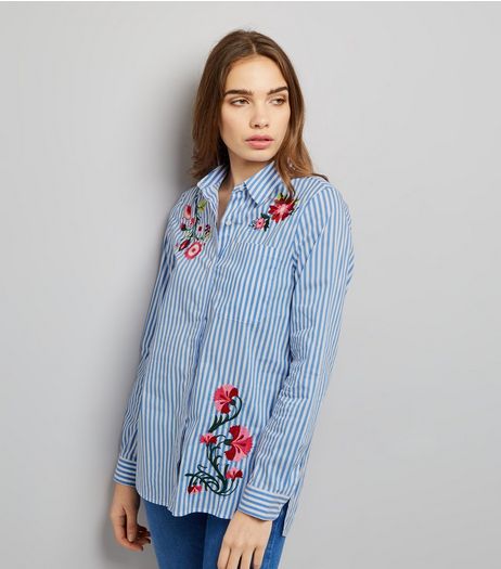 Blue Vanilla Blue Stripe Floral Embroidered Shirt | New Look