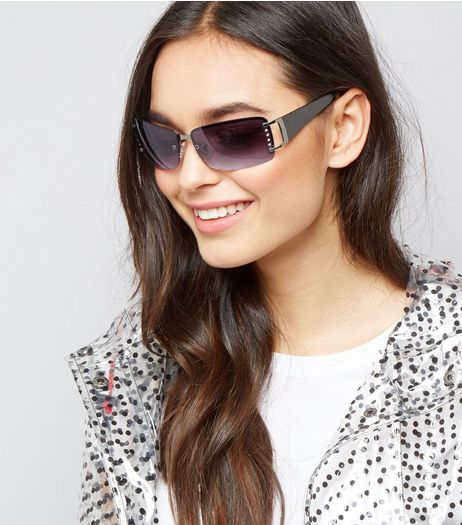 Black Diamante Side Rimless Sunglasses | New Look