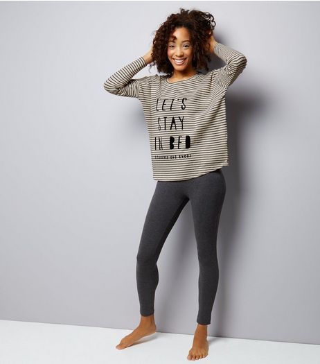 Stone Stripe Lets Stay In Bed Pyjama Set | New Look