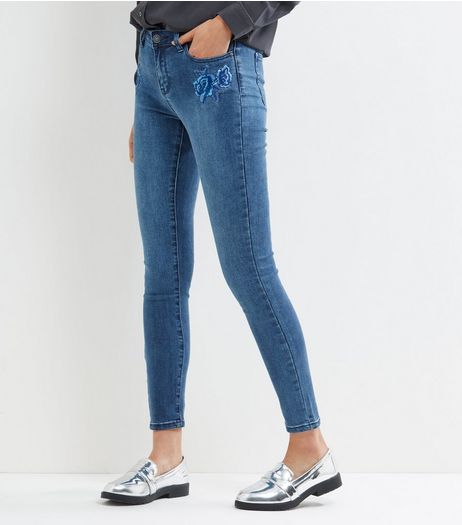 Blue Floral Embroidered Skinny Jenna Jeans | New Look