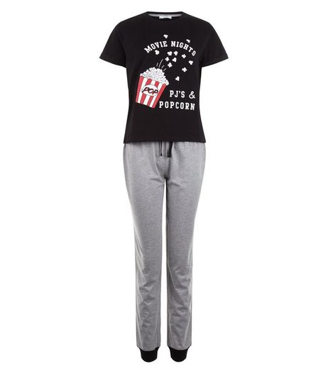 Teens Black Movie Nights PJ's and Popcorn Pyjama Set | New Look