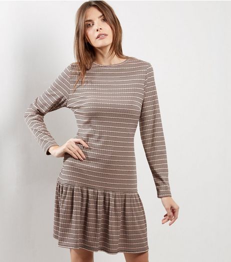 Pink Stripe Long Sleeve Peplum Hem Dress | New Look