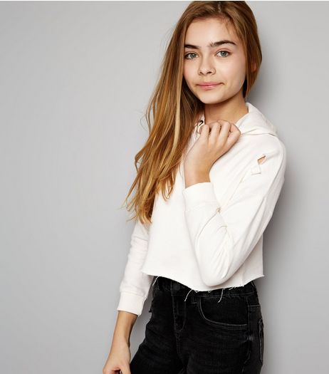 Teens Cream Ripped Cropped Hoodie | New Look