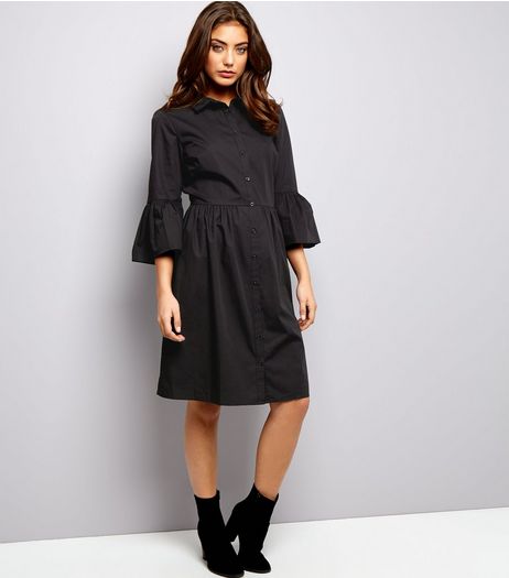 Black Bell Sleeve Cotton Shirt Dress | New Look