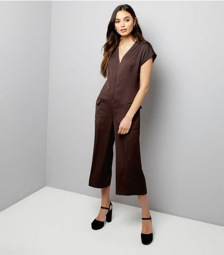 Burgundy Sateen Zip Front Utility Jumpsuit | New Look