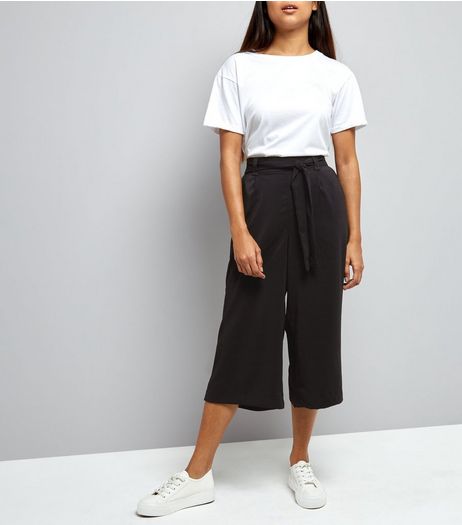 Petite Black Tie Waist Wide Leg Cropped Trousers | New Look