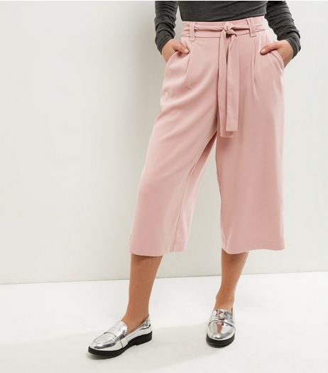 Petite Pink Tie Waist Wide Leg Cropped Trousers | New Look