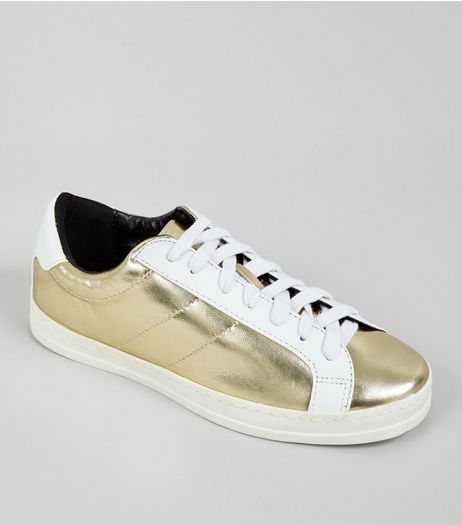 Gold Contrast Panel Lace Up Trainers | New Look
