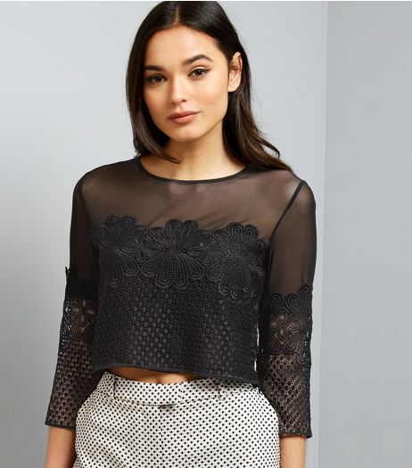 Black Mesh Long Sleeve Crop Top | New Look