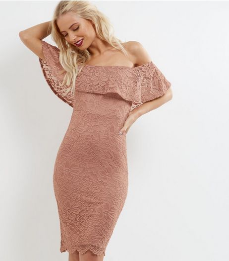 Shell Pink Lace Frill Trim Bardot Neck Bodycon Dress | New Look