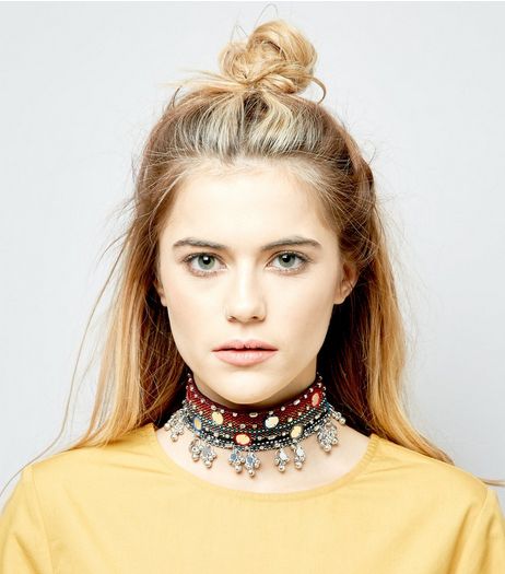Red Mirror Bead Tassel Embroidered Choker | New Look