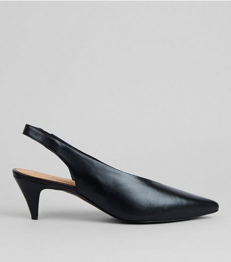Black Leather Pointed Sling Back Kitten Heels | New Look