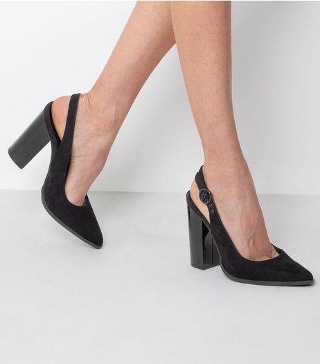 Black Suedette Sling Back Pointed Block Heels | New Look
