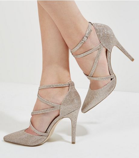 Gold Glitter Cross Strap Pointed Heels | New Look
