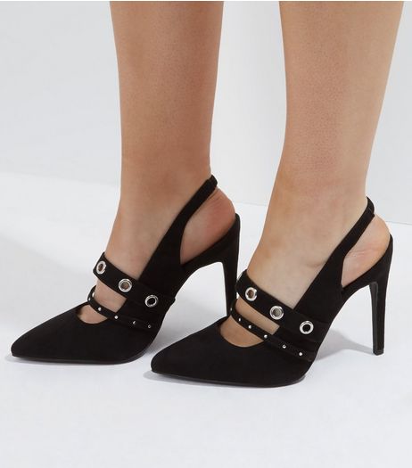 Wide Fit Black Suedette Eyelet Strap Heels | New Look
