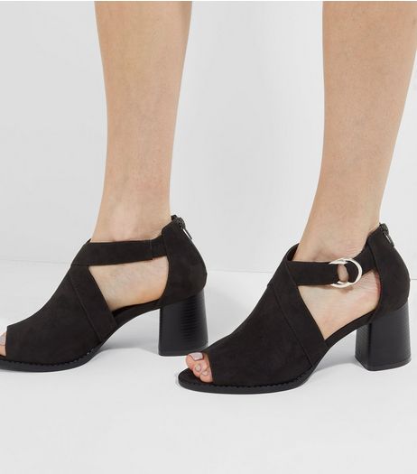 Black Suedette Cut Out Side Block Heels | New Look