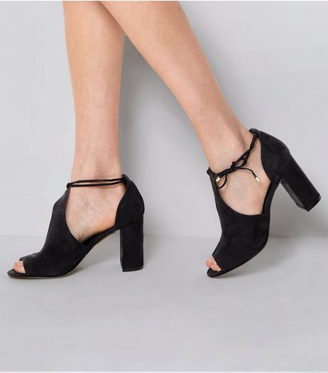 Black Suedette Open Toe Tie Side Block Heels | New Look