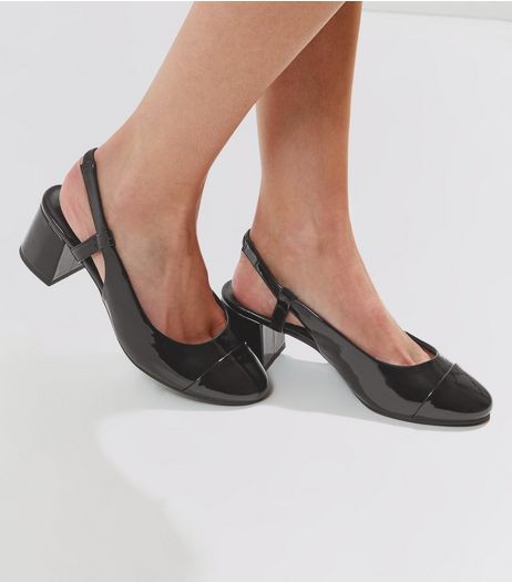 Wide Fit Black Patent Sling Back Mini Block Heels | New Look
