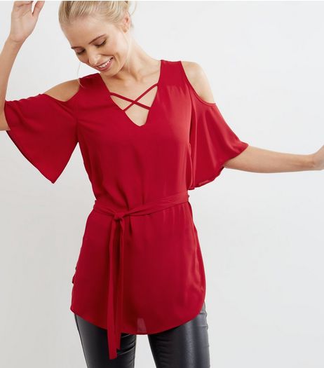 Red Lattice Front Cold Shoulder Belted Top | New Look