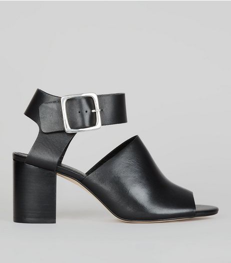 Black Leather Peep Toe Buckle Strap Heels | New Look
