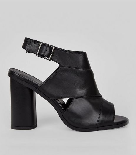 Black Leather Peep Toe Heels | New Look