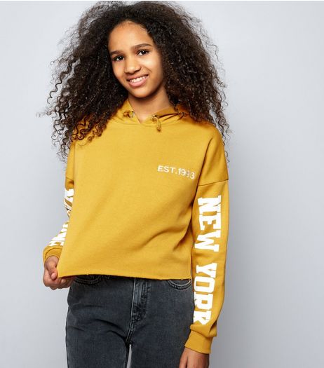 Teens Yellow Brooklyn Print Sleeve Cropped Hoodie | New Look