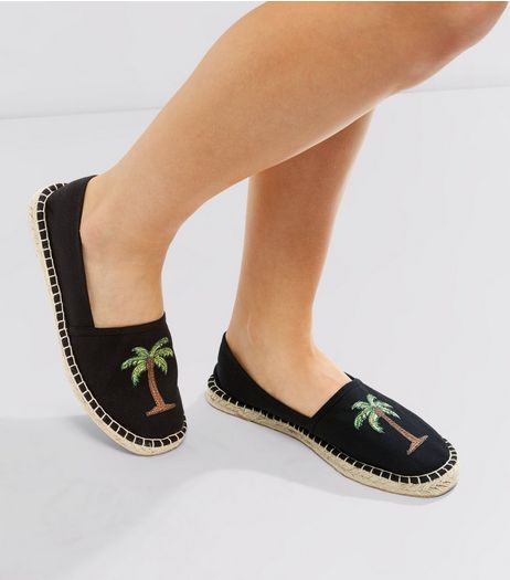 Black Palm Tree Embroidered Espadrilles | New Look