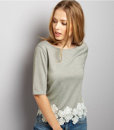 Dark Grey Floral Lace Hem Short Sleeve Top | New Look