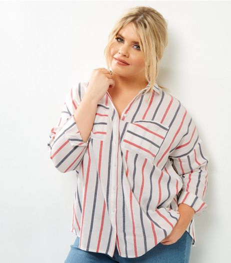Curves White Stripe Pocket Front Shirt | New Look