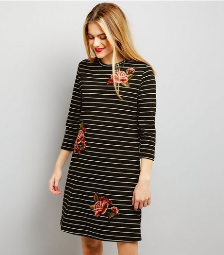 Black Floral Embroidered 3/4 Sleeve Stripe Swing Dress | New Look