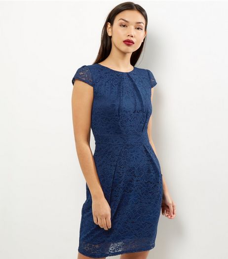 Navy Lace Cap Sleeve Tulip Dress | New Look
