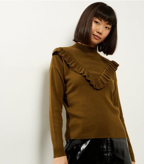 Olive Green Frill Trim Long Sleeve Jumper | New Look