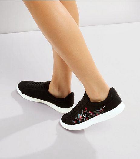 Black Floral Embroidered Trainers | New Look