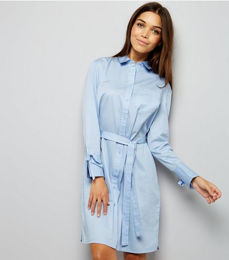 Pale Blue Tie Sleeve Tie Waist Shirt Dress | New Look